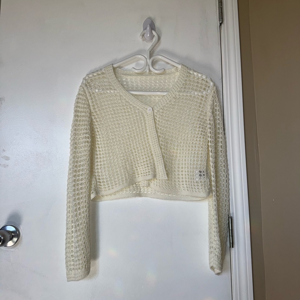 Cream Cropped Waffle Knit Cardigan | Sheer Button Front